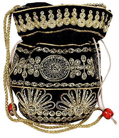 Purpledip Potli Bag (Clutch, Kordelzug-Geldbörse) für Damen mit aufwendigem Goldfaden und Paillettenstickerei, Schwarz, Large