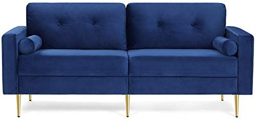 VASAGLE Canapé 3 Places, Surface en Velours, pour Salon, Appartement, Petit Espace, Cadre en Bois Massif, Pieds en métal, Assemblage Facile, Moderne, 183 x 78 x 88 cm, Bleu LCS001Q01