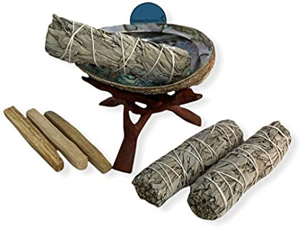 NESSASTORES - Kit de tampon de taille moyenne – Coquille d'ormeau de 12,7 à 15,2 cm + support en bois de 15,2 cm + 3 pièces de sauge blanche de 12,7 cm + 3 pièces Palo Santo #JC-212 (1 kit)