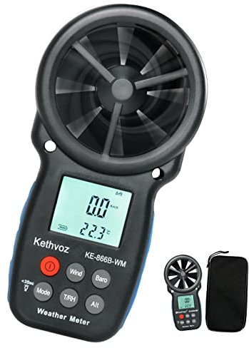 Kethvoz Anemometro Digitale con Barometro Indicatore del Freddo del Vento, Portatile Misuratore di Velocità del Vento Misura Umidità Temperatura per Arrampicata Escursioni KE-866B-WM