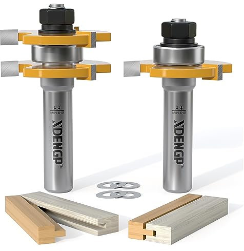 XDENGP 2-teiliges Zungen- und Nutfräser-Set 1,27 cm Schaft, Shaker-Stil 3 Zähne T-Form Holzfräsen und Zapfenfräsen-Bit, passende Eiche, Hartholzboden, Wainscoting Boards Joinery Router Bit