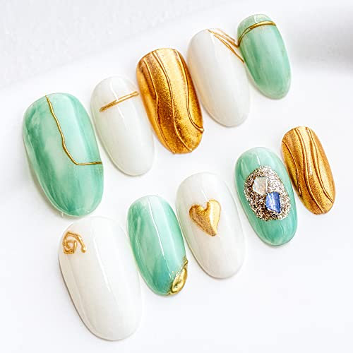 Sun&Beam Nails Handgefertigte Kunstnägel Mittel Lang Oval Nägel zum Aufkleben in Grün Weiß Gold Handgemalt Französische Ombre Design mit Klebepads 10 Stück (#006 M)