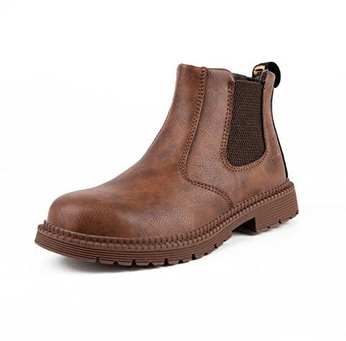 Dajingkj Botas de punta de acero para hombre, impermeables, ligeras, sin cordones, zapatos de seguridad para el trabajo, construcción industrial, tenis para exteriores, Brown, 43.5 EU