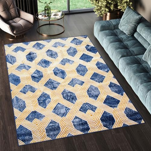 TAPISO Shine Teppich Kurzflor Dunkelblau Gold Raute Viereck Design Wohnzimmer Schlafzimmer 3D Optik Modern Design ÖKOTEX 80 x 150 cm