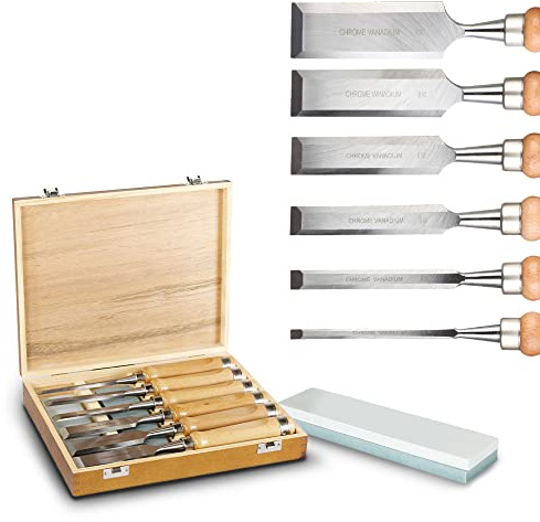bestTools Stechbeitel Set für Holz, 6-teiliges Holzschnitzwerkzeug mit Schleifstein & Holzkiste, Schnitzwerkzeug aus Chrom-Vadium Stahl für präzise Holzbearbeitung, Stemmeisen für Profis