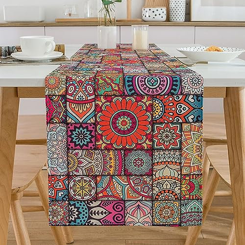 Chicamy Handgemachter Bunt Mandala Floral Tischläufer - Boho Vintage Marokkanische Paisley Tischdecke Abwaschbar Rechteckig Dekorativ für Bankett Dekorat Geschenk 40X140cm (C)