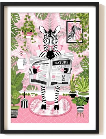 Parmaro Zebra on Toilet Print, Zebra Reading Newspaper Bathroom Print, A4 UNFRAMED Print, Animal on Toilet Print, Pink Botanical Print Tropical Bathroom Decor