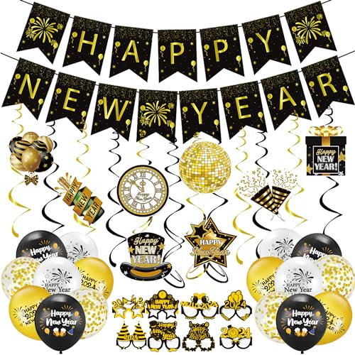Buscando Silvester Deko 2024 Party Set Happy New Year Girlande Banner Bunting Brille Silvester Foto Requisiten Luftballons Silvester 2024 Silvester Party Dekoration Accessories