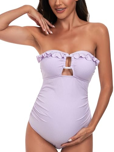 EastElegant Maillot de Bain de Maternité avec Volant Côtelé Découpé en Une Pièce Maillot de Bain Carré Anneau Connecté Grossesse, aubergine, XXL