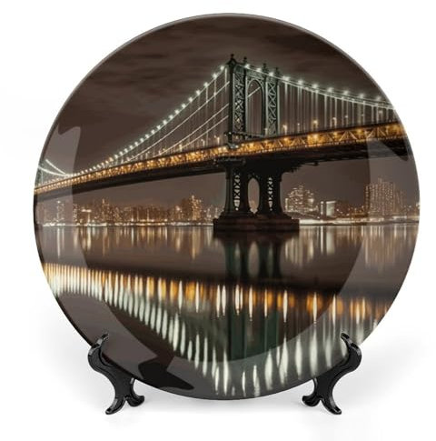 Assiette décorative en porcelaine anglaise avec support de présentation New York Manhattan Bridge Night Assiettes décoratives rondes en céramique pour la maison et le bureau Décoration murale 20,3 cm