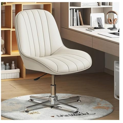 SJHPZG Ergonomischer Büro-Schreibtischstuhl aus Leder ohne Rollen moderner armloser gepolsterter Schminkstuhl drehbarer Computer-Arbeitsstuhl mit mittlerer Rückenlehne, höhenverstellbar