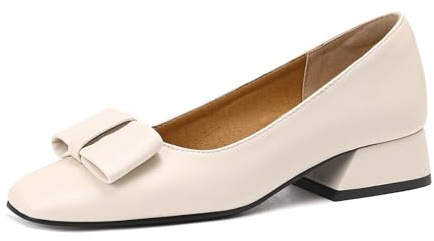 Lizoleor Decollete Donna Tacco Largo Punta Quadrata Senza Chiusura Scarpe Business Moda Pianta Larga Fiocco Stylish Beige Numero 35 EU