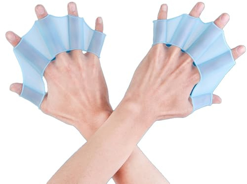 Waltonalice Guantes de natación remo para nadar, aletas de silicona para deportes acuáticos, aletas de natación para adultos y niños, color azul (niños) S
