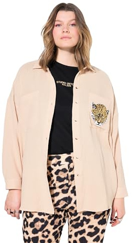Studio Untold Damen große Größen Übergrößen Plus Size Musselin Bluse, Oversized, Tasche mit Leo-Patch 839023