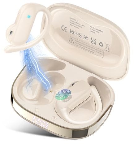 Open Ear Earbuds, Bluetooth 5.4 Wireless Earbuds with Ear Hooks, 32H HiFi Stereo Open Ear Headphones with Clear Calls, IPX7 Waterproof Lightweight Sport Earphones for Workouts, Running, Gym, Bee White