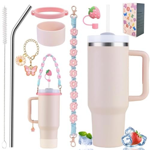 Sanilinwild 40 oz Tumbler Insulated Mug w/Straw & Flip Cap Lids - Cup Holder Bottle with 6 Accessories Set for Hot, Cold Drink - Leak-Proof - Water, Coffee Portable Travel Mug (Pink Gold)