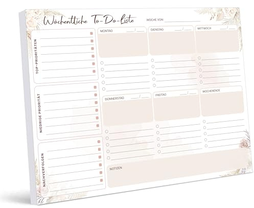 BIROYAL Wochenplaner Block A4, To Do Listen Block, Undatiert, 50 Seiten | Weekly Planner, 120gsm Papier, Abreißen, Schreibtischunterlage mit Wochenübersicht für Termine, Aufgaben& Notizen