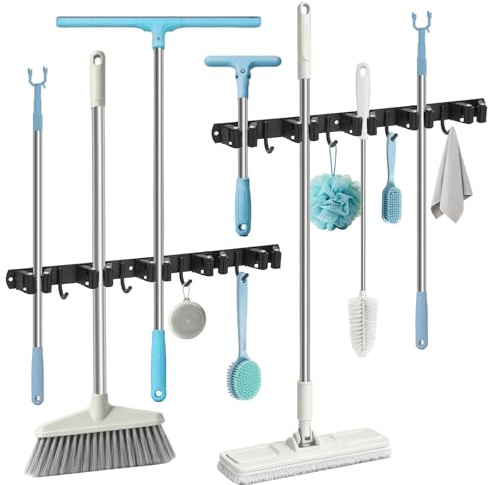 WISYOK Besenhalterung Wand 2pcs, 10 Halter + 8 Haken Schwerlast Gerätehalter, Edelstahl Gartengerätehalter, Besenhalter Wandhalterung für Garage, Werkstatt, Garten, Abstellraum (Schwarz)