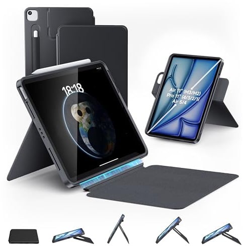HOU 360° Drehbare Hülle für iPad Air 11 Zoll, Pro 11, Air 5/4 Generation, Freier Neigungswinkel (0-155°), Schutz vor Sturzschäden, Abnehmbarer Bildschirmabdeckung, 2 Stifthalter, Schwarz