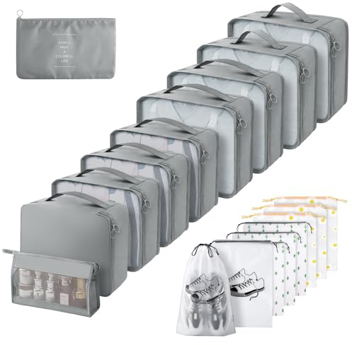 Gemtte Koffer Organizer Set 18-teilig, Wasserdicht Packing Cubes, Multifunktionale Travel Packwürfel, Kofferorganizer Packtaschen für Koffer, Reise Organizer Set Mit Kleidertaschen (Grau)