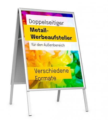 Werbeaufsteller KRAFT beidseitig mit Plakat | Kundenstopper für Außen & Innen | Plakatständer Metall wetterfest | Gehwegaufsteller A1 A2 B1 B2 | Aufsteller Silber Schwarz