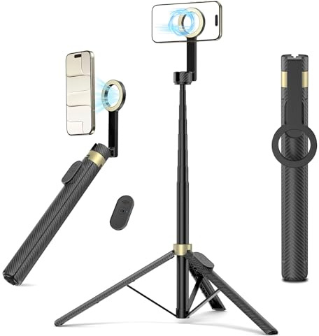 Vimose Trípode magnético de 65 pulgadas para iPhone, trípode de palo selfie con control remoto, giratorio de 360°, soporte de teléfono extensible con anillo de metal, compatible con iPhone Android
