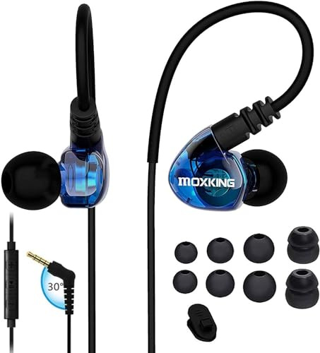 MOXKING Auriculares Deportivos in-Ear, con Cable, aislantes de Ruido, Impermeables, con Graves Reforzados, para Correr y Hacer Ejercicio, micrófono y Mando a Distancia (Azul)