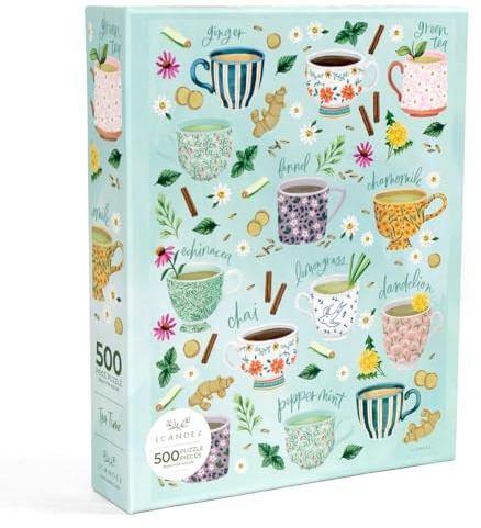 Tea Time 500 Piece Jigsaw Puzzle – Herbal Tea Cups Puzzle for Adults, Cozy Illustrated Teacups with Chamomile, Chai, Peppermint and More, Relaxing Gift for Tea Lovers by 1Canoe2