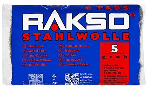 RAKSO Stahlwolle grob 5 | 200g, 8 Pads, Beizschlamm abtragen v. Holz, entfernt Farbspritzer auf Glas, Flugrost auf Werkzeugen