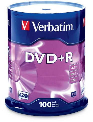 Verbatim DVD+R 4.7GB 16x AZO Recordable Media Disc - 100 Disc Spindle FFP