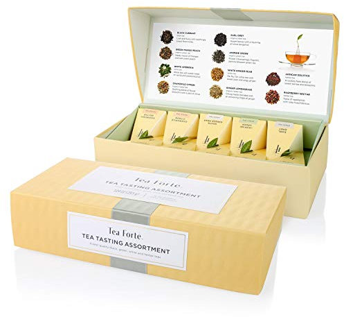 Probierset mit Verschiedenen Teesorten von Tea Forté, Kleine Präsentationsbox mit 10 Handgefertigten, Pyramidenförmigen Teebeuteln - mit Schwarzem Tee, Weißem Tee, Grünem Tee und Kräutertee