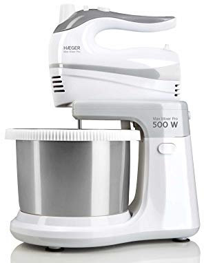 HAEGER MAX Mixer Pro - Batidora Amasadora con Bol, 500W, Bol Auto-Giratorio INOX, 2L, 2 Pares de Varillas para Batir y Amasar de 20cm
