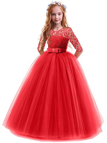 IWEMEK Flower Girls 3/4 Sleeve Floral Lace Tulle First Communion Pageant Dresses Kids Big Girls Princess Birthday Carnival Christmas Bridesmaid Wedding Party Prom Ball Gown Red 13-14 Years