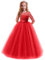 IWEMEK Flower Girls 3/4 Sleeve Floral Lace Tulle First Communion Pageant Dresses Kids Big Girls Princess Birthday Carnival Christmas Bridesmaid Wedding Party Prom Ball Gown Red 13-14 Years