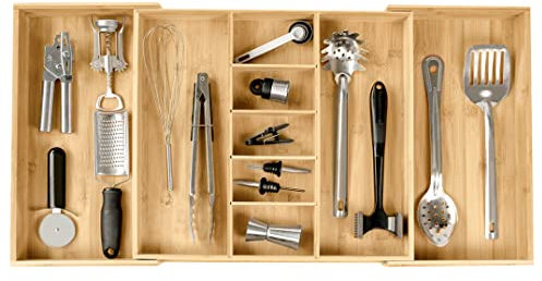 KitchenEdge Adjustable Kitchen Drawer Organiser for Utensils and Junk, Expandable to 33 Inches Wide, 9 Compartments, 100% Bamboo