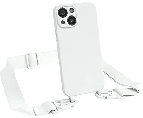 EAZY CASE Premium Silikon 2 in 1 Handykette kompatibel mit iPhone 13 Mini Handyhülle mit Umhängeband, Handykordel mit Silikonhülle, Hülle mit Band, Kette für Smartphone, Weiß