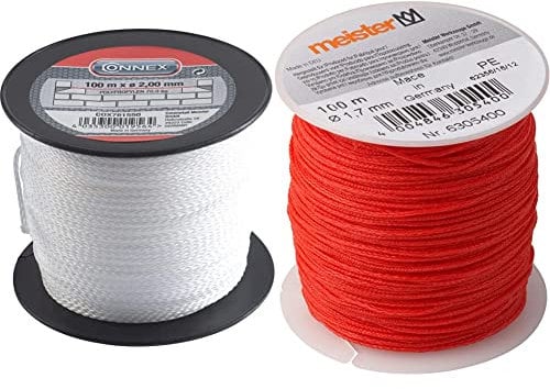 Connex Maurerschnur weiß - 100 m Länge - Ø 2,0 mm COX781550 & Meister Maurerschnur rot - 100 m Länge - Ø 1,7 mm - Polyethylen geflochten - Knotenfest - Reißfest & Belastbar - Auf Spule 6305400