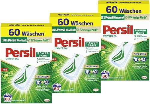 Persil Power Bars Universal Waschmittel (3 x 60 Waschladungen), vordosiertes Vollwaschmittel mit biologisch abbaubarem Schutzfilm, für reine Wäsche & hygienische Frische für die Maschine