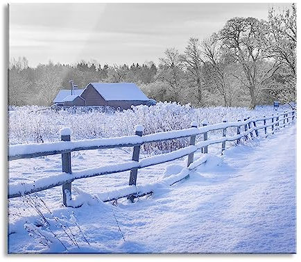 Casetta in legno in paesaggio e paraspruzzi in vero vetro, per piani cottura, 60 x 52 cm