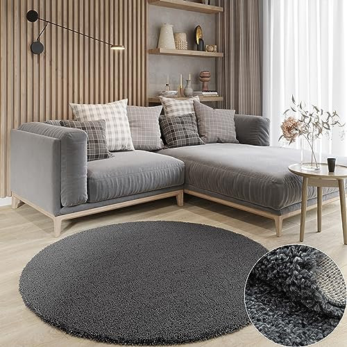 MY-RUG Teppich Shaggy Star Hochflor rund dunkelgrau 150 x 150 cm - Esszimmer Teppich, Langflor, Günstig
