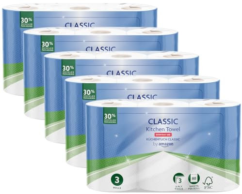 by Amazon Klassisch Küchenrolle, 3-lagig, Stark und Saugfähig, 15 Rollen (3 Rollen, 5-er Pack), 80 Blätter pro Rolle, FSC-zertifiziert