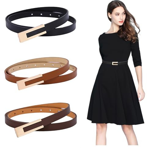 YAANBUNB 3 Stück Ledergürtel Schmal Gürtel Leder Skinny Gürtel Verstellbar Taille Damen Schmaler Taillengürtel Leder Jeansgürtel Hüftgürtel Ledergürtel mit Goldschnalle für Kleid Hose Jeans