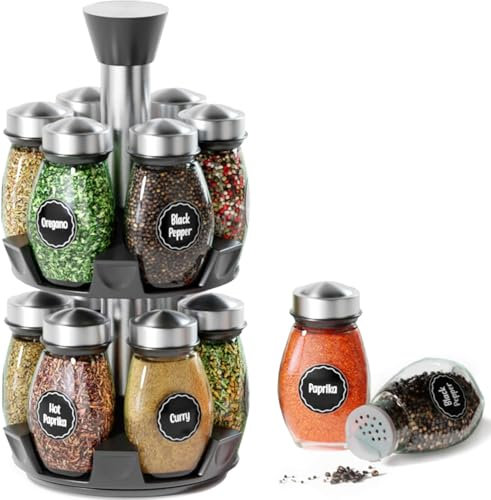 Doaizer Modern Silver Spice Rack Organizer - Rotating Countertop Herb & Spice Storage Tower with 12 Glass Jars (15.24 cm W x 15.24 cm D x 27 cm H) for Kitchen, Food Preparation