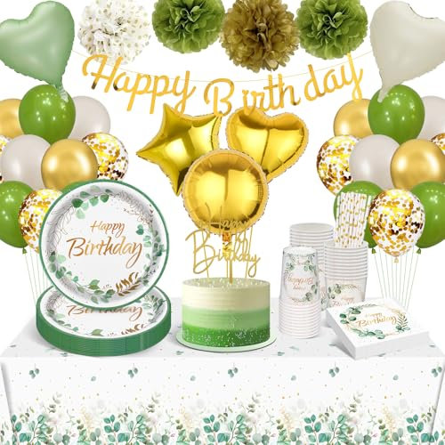 YIMAKJ Eucalipto Vajilla Cumpleaños, Decoración Fiesta Cumpleaños, 100 Piezas Juego De Vajilla Incluye Platos De Papel, Servilletas, Vasos De Papel, Globos, Para Decoracion Cumpleaños(16 Invitados)