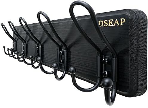 Dseap Garderobe - Stabil Vintage - Garderobenleiste Holz in Landhausstil, Rustikale Hakenleiste, Garderobenhaken Wand, Kleiderhaken mit 5 Draht-Haken Doppelt, J15A, Schwarz