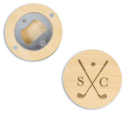 eBuyGB Personalised Wooden Magnetic Bottle Opener with Initials, Golf Gift, Golf Lover Gift, Golf Club and Initial Design, Golf Prize
