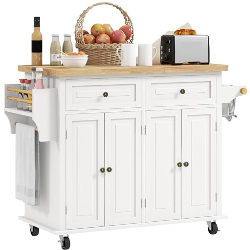 HOMCOM Kitchen Island on Wheels, Rolling Kitchen Storage Trolley with Rubber Wood Top, Drawers, Adjustable Shelves, Towel and Spice Rack for Dining Room, Cream White