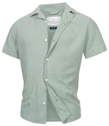 KRONSTADT Herren KSAvery Hemd Kurzarm aus Musselin | Herrenhemd Männer Hedge Green, S
