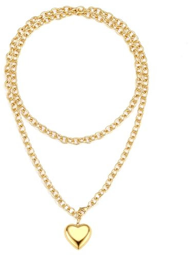 Emibele Goldene Chunky Halskette mit Herzanhänger, Edelstahl 18K vergoldet, anlauffrei, Layered Choker mit langer Kette, Modischer Statement-Schmuck für Damen
