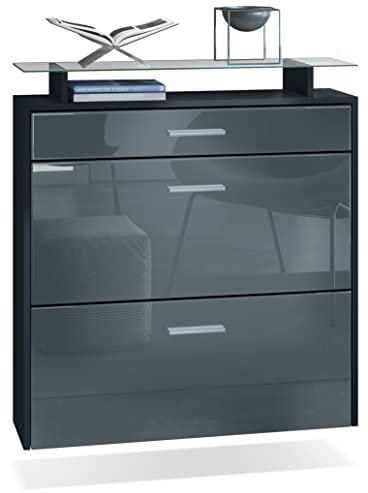 Vladon Schuhschrank Malea, hängender Schuhkipper für 16 Paar Schuhe mit 2 Klappen und 1 Schublade und Glasablage, Schwarz matt/Grau Hochglanz (89 x 96 x 23 cm)